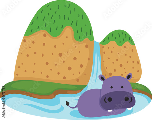 hippo in waterfall scene illustration