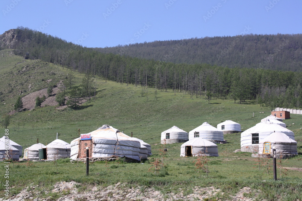 A nomadic tent resort in the peaceful Bogd Khaan valley, Ulaanbaatar, Mongolia. The valley is so calm and cold throughout the year. 
