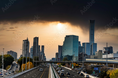 Overcast and dark clouds Beijing CBD building traffic flow road © 文普 王