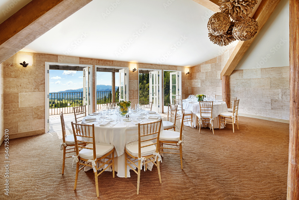 Wedding reception event space with table set up Stock Photo Adobe Stock