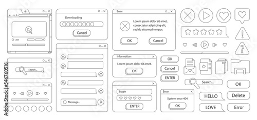 90s retro vaporwave old desktop user interface elements. Doodle style. Cute nostalgic computer ui, vintage aesthetic icons and windows vector set. 90s interface digital, retro window computer.