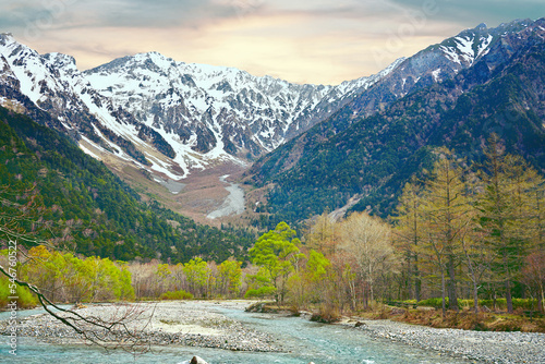 Hotaka mountains in Kamikochi is an idyllic valley high up in the Northern Japanese Alps. photo
