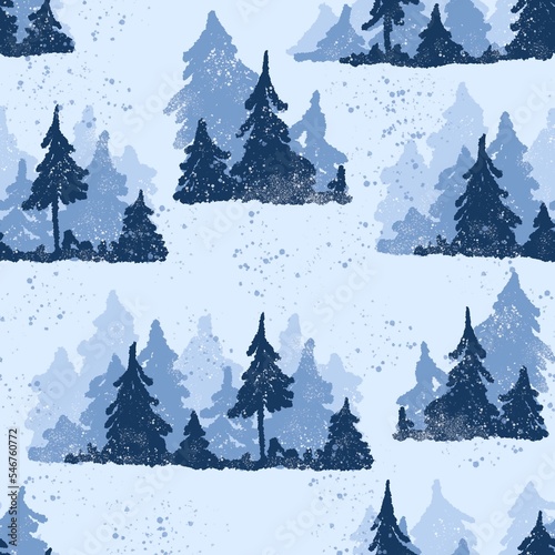 Hand drawn blue winter mountain forest seamless pattern. Wood woodland landscape scenery wild camping hiking tourism, pine fir conifer tree background, outdoor season snow snowfall.