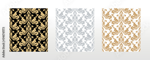 Wallpapers in the style of Baroque. Seamless vector backgrounds. Set of colored floral ornaments. Graphic patterns for fabric, wallpaper, packaging. Ornate Damask flower ornaments
