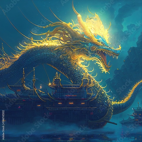 Print op canvas Chinese Golden Dragon Boat Flying in the Dark Night