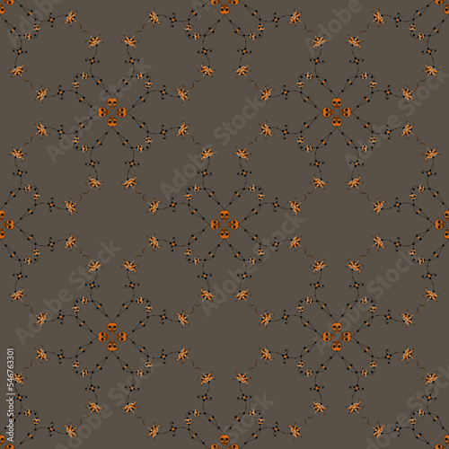 Seamless pattern with  Dia de los muertos motifs. Beautiful vines sprouting from human skulls. Symbol of life, death and resurrection. Day of the Dead design. On brown background.
