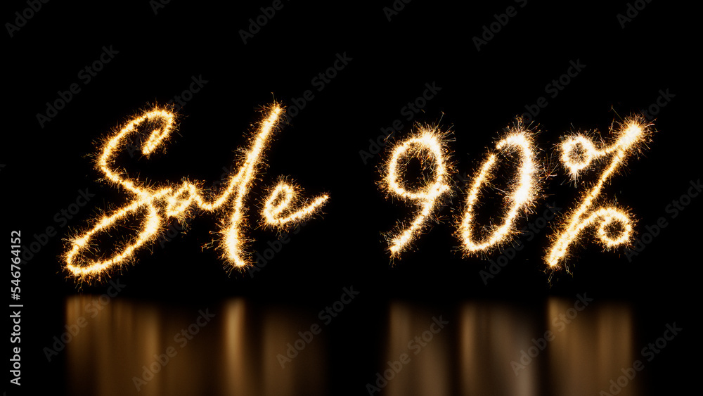 Gold Sparkler Firework Text with Sale 90% Caption on Black. Promo Banner.