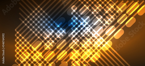Background wallpaper neon glowing lines and geometric shapes. Dark wallpaper for concept of AI technology, blockchain, communication, 5G, science, business and technology