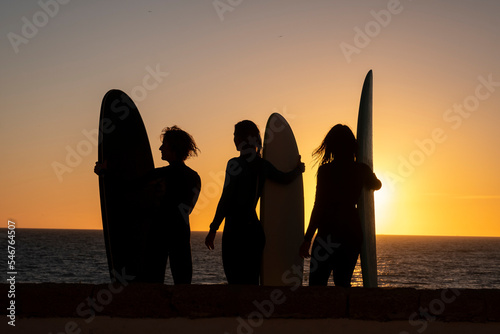 Three surfer girls looking at a sunset