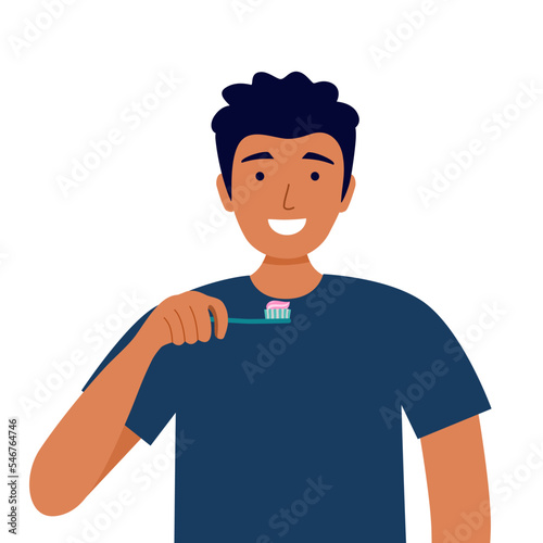 Man brushing teeth in the bathroom in flat design. Guy cleaning teeth to prevent tooth decay. Dental care.