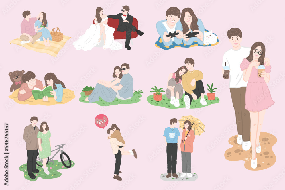 collection of happy love couple fall in love, illustration, valentine celebration 