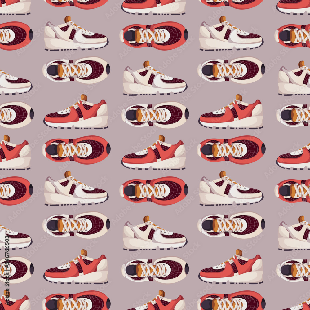 Seamless pattern with sneakers. Sport, fitness, training, workout concept. Perfect for product design, wallpaper, scrapbooking, textile.