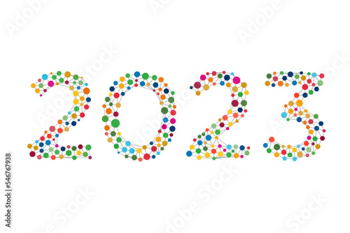 カラフルな水彩の水玉でできた2023の文字（多様性）