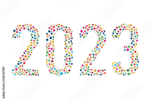 カラフルな水彩の水玉でできた2023の文字（多様性）