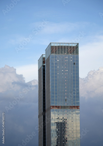 Closeup city tall buildings background