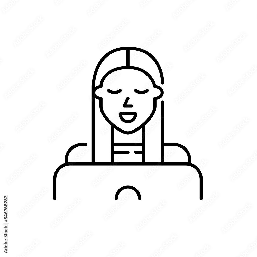 Freelancer girl working or studying at her laptop. Pixel perfect, editable stroke line icon