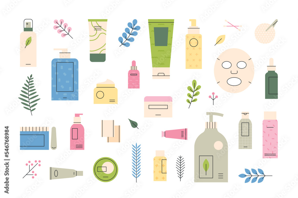 A collection of various cosmetic products. Cosmetic containers such as pumps and spray creams. flat vector illustration. A collection of various cosmetic products. Cosmetic containers such as pumps and spray creams. flat vector illustration.