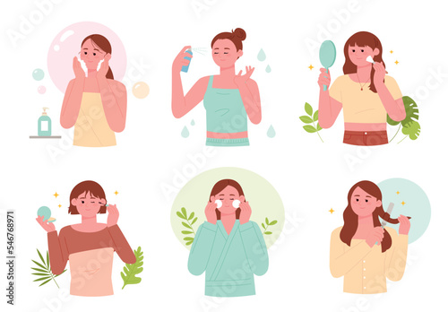 Morning makeup routine for cute girls. Washing, skincare, makeup and hair styling.
