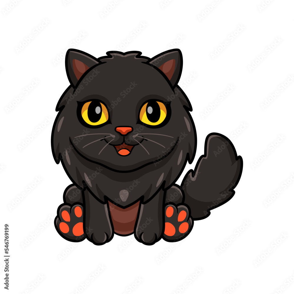 Cute black persian cat cartoon sitting