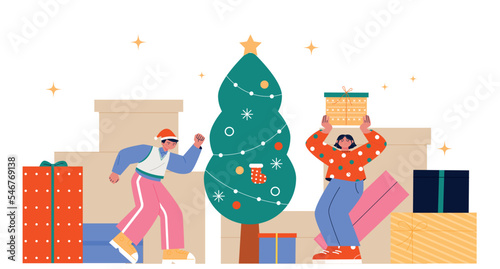 A boy and a girl are having fun with a large gift box. There is a Christmas tree in the middle of the room. flat vector illustration.