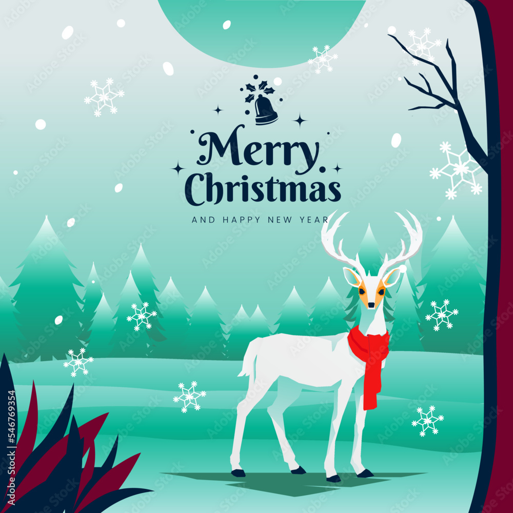 Beauty White Reindeer in Forest under the Snowflake Illustration Beauty White Reindeer in Forest under the Snowflake Illustration