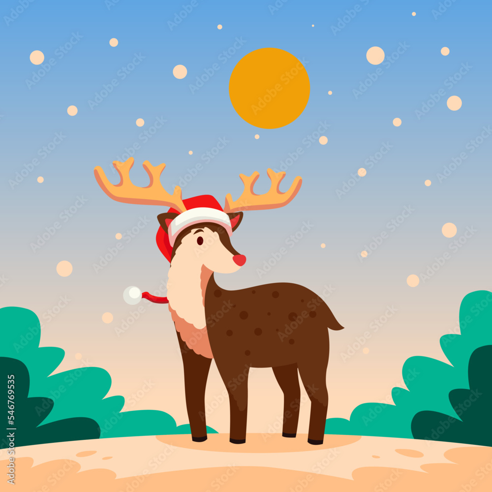 Naklejka premium Little Reindeer with Santa hat on Christmas Cartoon Illustration Book Cover