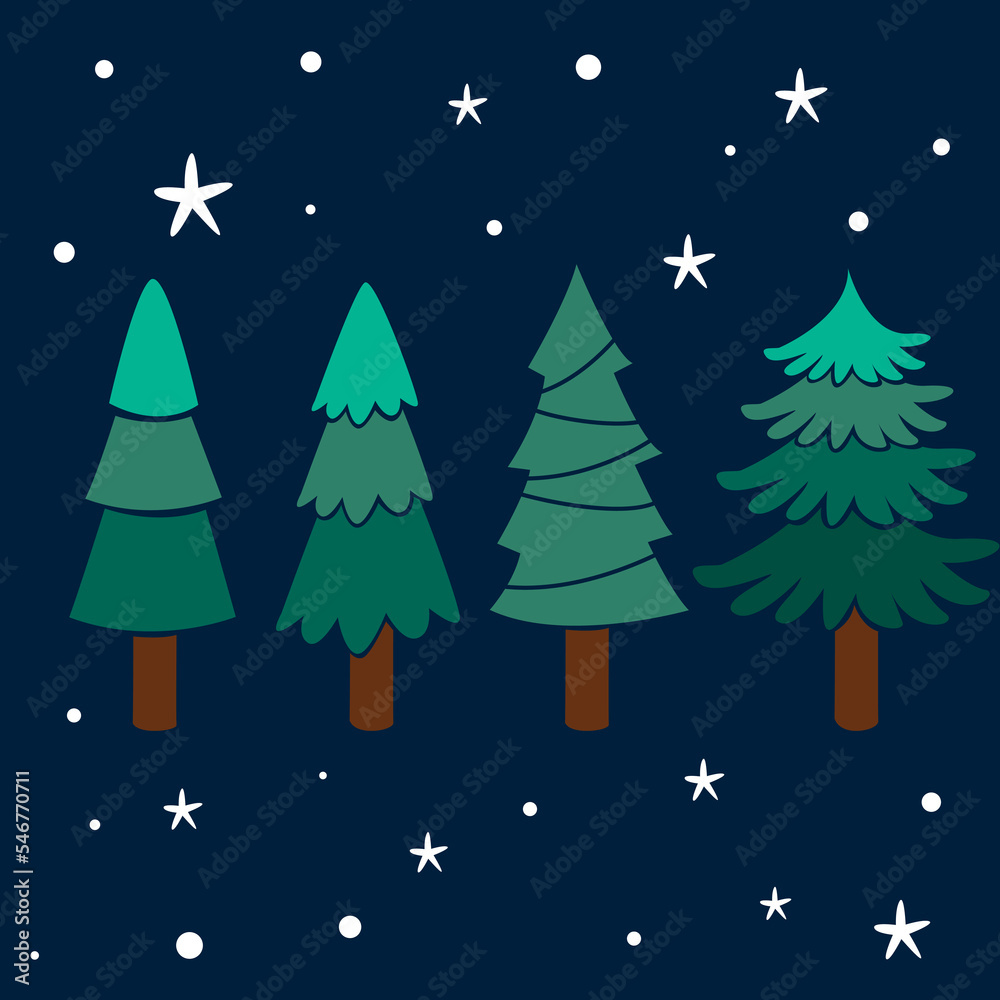 VARIOUS Pine Trees on CHRISTMAS Flat Vector Illustration Set
