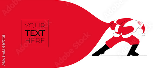 Vector illustration of Santa Claus dragging red sack of gifts. Template with place for your text, copyspace for New Year holiday greeting card. Christmas banner. Father Frost pulls bag with presents