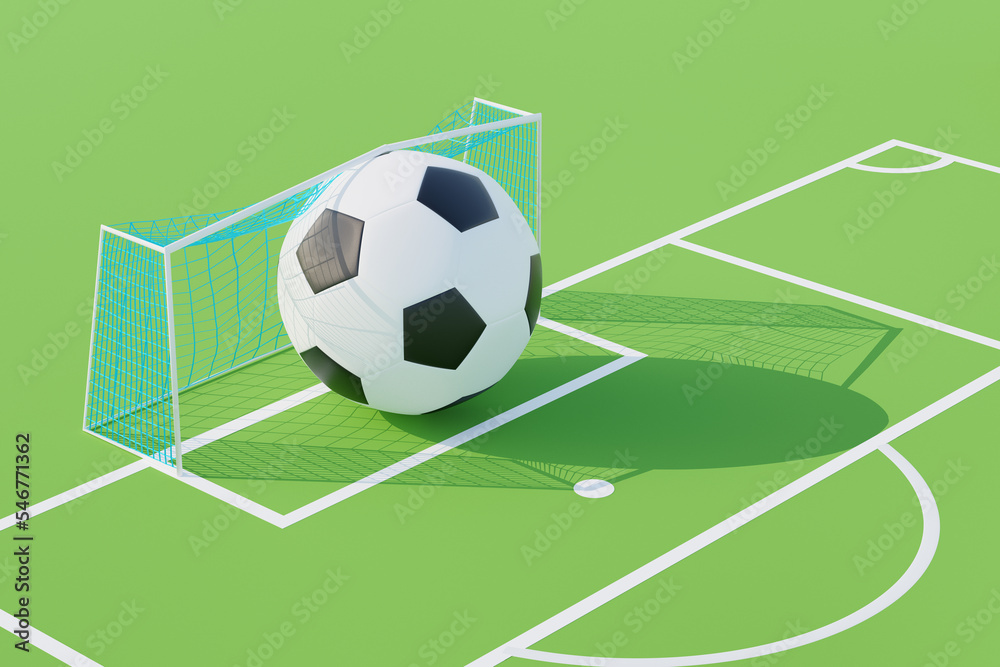 3D render of soccer concept. Giant soccer ball stuck in goal door. 3D render of soccer concept. Giant soccer ball stuck in goal door.
