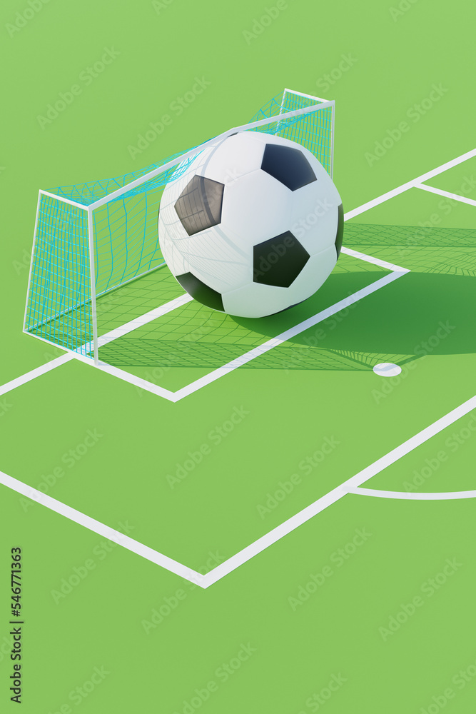 3D render of soccer concept. Giant soccer ball stuck in goal door.