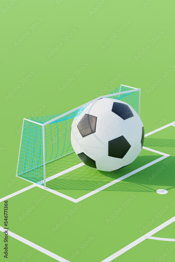 3D render of soccer concept. Giant soccer ball stuck in goal door. 3D render of soccer concept. Giant soccer ball stuck in goal door.