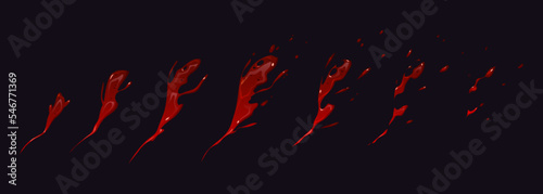 Blood splash animation sprite sheet, cartoon red liquid swirls dynamic motion. Bloody or paint explosion sequence frame or clip for game, burst, boom fx effect, storyboard, Vector illustration, set