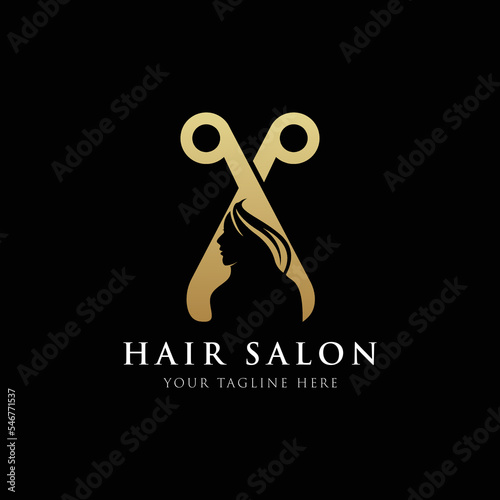 woman and scissors. Unisex hair salon logotype.
