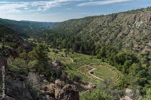 View of the Tyuonyi pueblo from the Frey Trail, Frijoles Canyon, Bandelier National Monument, New Mexico