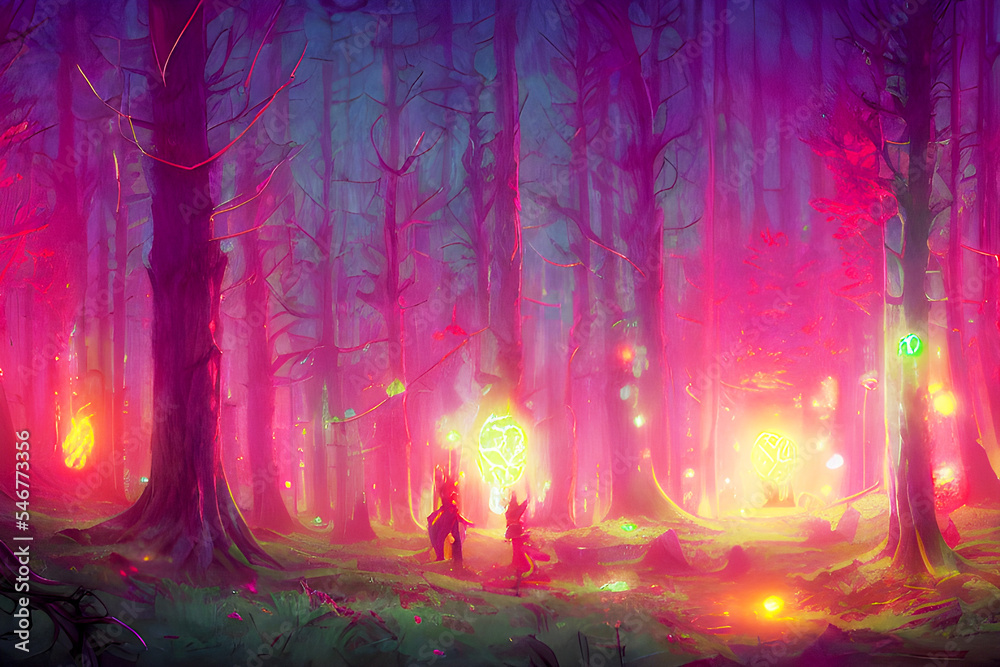 Obraz premium Bright Colorful Night Forest - Dreamy Fantasy Art 