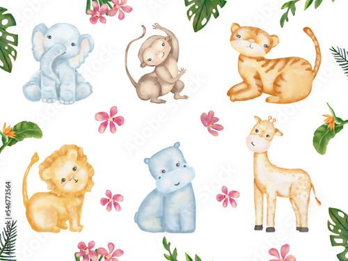 Photography African watercolor animals, tiger, elephant, hippo, giraffe, monkey, lion, leave