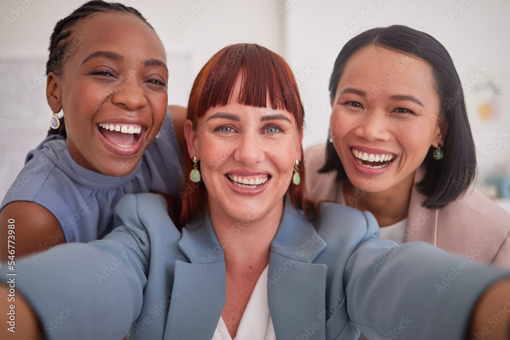 Work, selfie and women in office happy, smile and excited about collaboration, partnership and success. Diversity, face and portrait of business friends smile for photo after meeting at their company Work, selfie and women in office happy, smile and excited about collaboration, partnership and success. Diversity, face and portrait of business friends smile for photo after meeting at their company