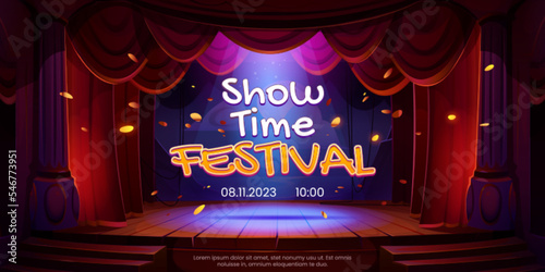 Show time festival poster with theater stage and falling gold confetti. Showtime banner with scene with red curtains, columns, wooden floor and spotlight, vector cartoon illustration