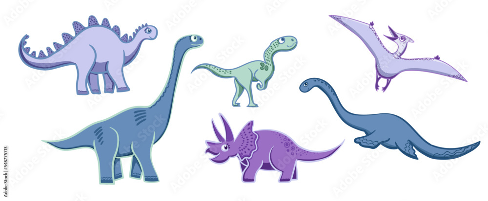 Fototapeta premium Cartoon dinosaur set. Colored predators and herbivores. Flat vector illustration isolated on white background.