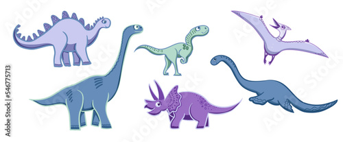 Cartoon dinosaur set. Colored predators and herbivores. Flat vector illustration isolated on white background.