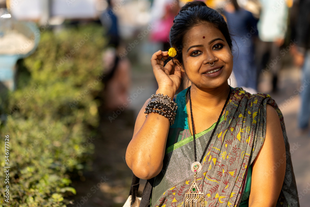 Portrait of an Indian woman wearing traditional dress at outdoors Stock ...