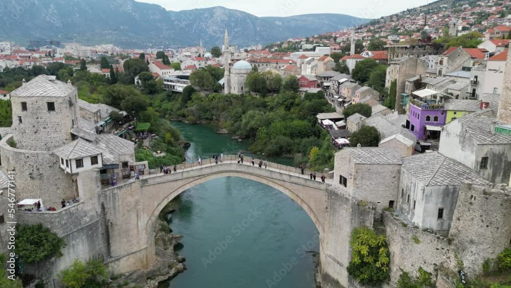 Mostar old bridge Bosnia and Herzegovina rising drone aerial view Mostar old bridge Bosnia and Herzegovina rising drone aerial view