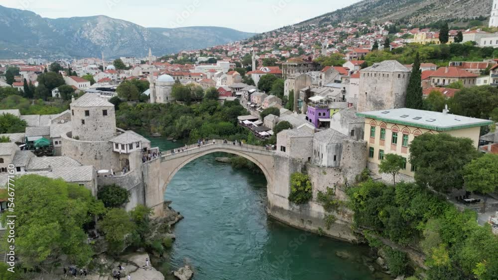 Mostar old bridge Bosnia and Herzegovina pull back reveal drone aerial Mostar old bridge Bosnia and Herzegovina pull back reveal drone aerial