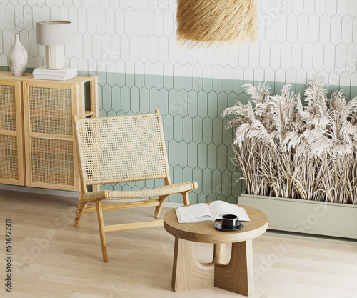 Rural style room interior with wooden armchair and cupboard photo