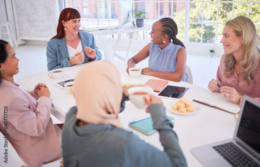 Obraz premium Business people, diversity and meeting in social discussion laughing in fun team development at the office. Group of happy creative employee workers in teamwork enjoying conversation or collaboration