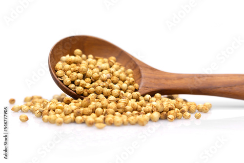 coriander seeds spoon front view on white background.