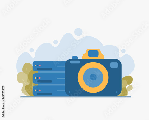 Camera sign. Uploading picture on online cloud server. Data sharing. Cloud server digital data tech concept. Perfect vector graphics
