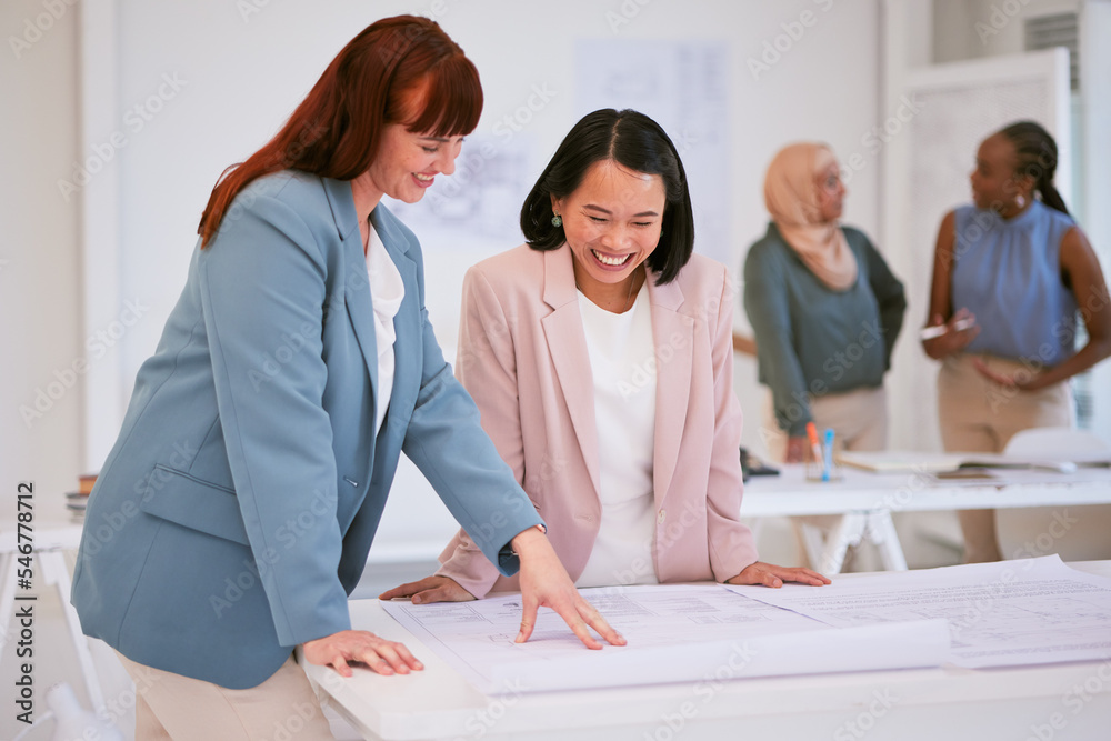 Obraz premium Planning, architecture and collaboration with women and blueprint for designer, engineering and building. Project management, team and vision with business people for construction, meeting and goals