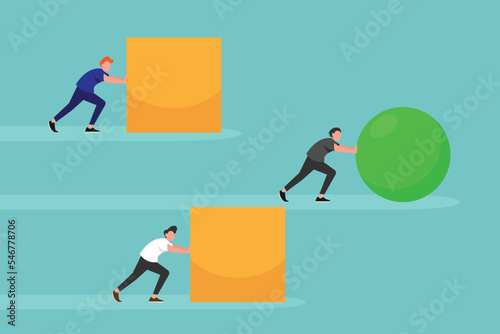 smart young entrepreneur pushing a sphere leading the race against a group of slower young entrepreneurs pushing boxes 2d vector illustration concept for banner, website, illustration, landing page, f