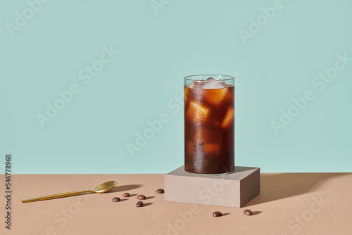 Cold brew coffee with ice or iced coffee.